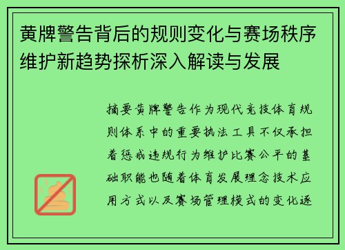 黄牌警告背后的规则变化与赛场秩序维护新趋势探析深入解读与发展